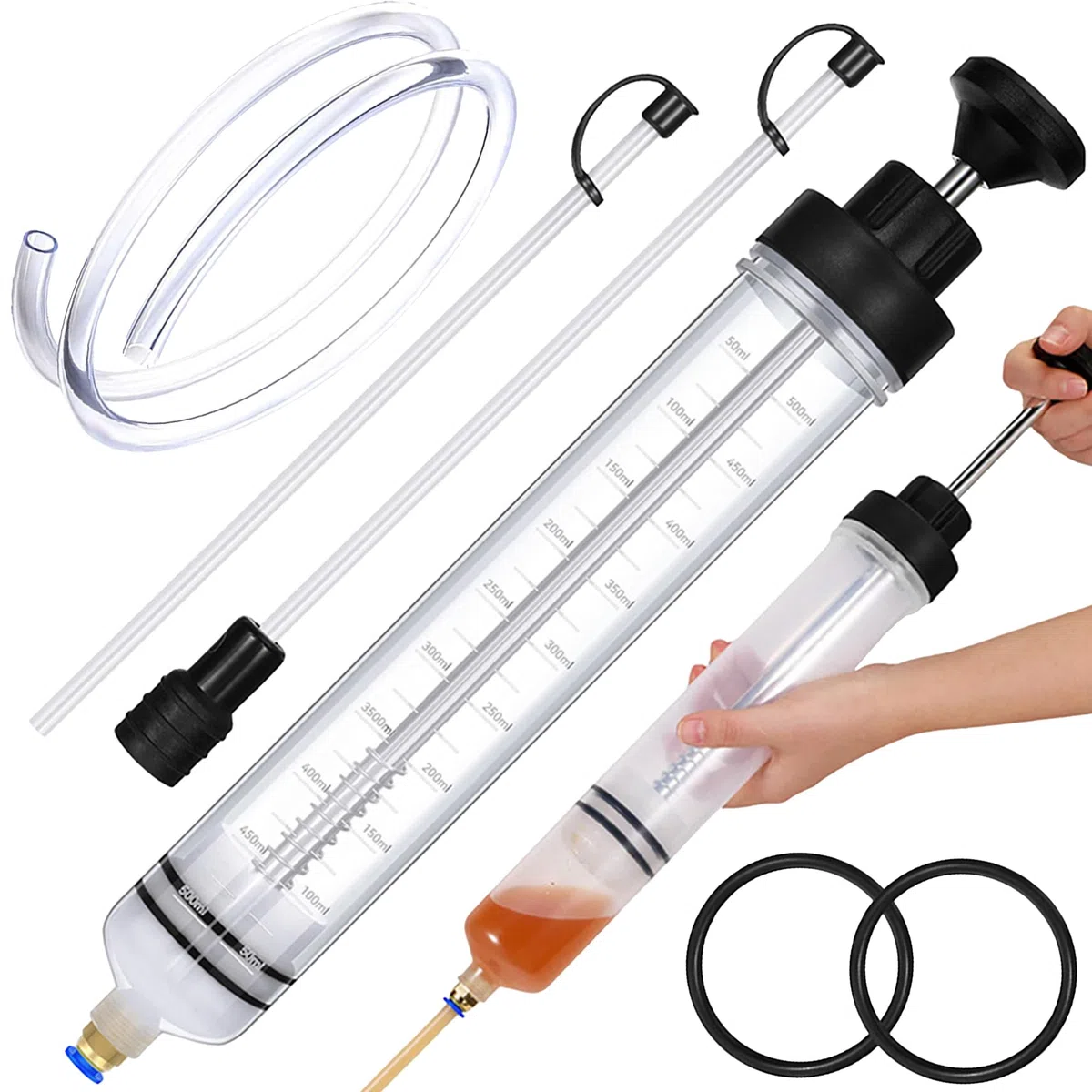 Seringue a Huile 500ml,Pompe Vidange Huile Moteur,Pompe Huile Vidange avec Tuyau,Pompe de Liquide Manuelle de Carburant et Liquide,Aspiration et Remplissage (500ml)