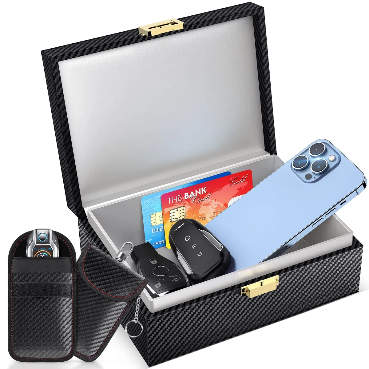 Boîte Anti RFID Clé Voiture Ensemble avec Etui RFID, Boitier Blocage Signal RFID Protection de Sécurité Clé Télécommande Voiture Keyless Go Contre Piratage à Distance Noir (Noir L)