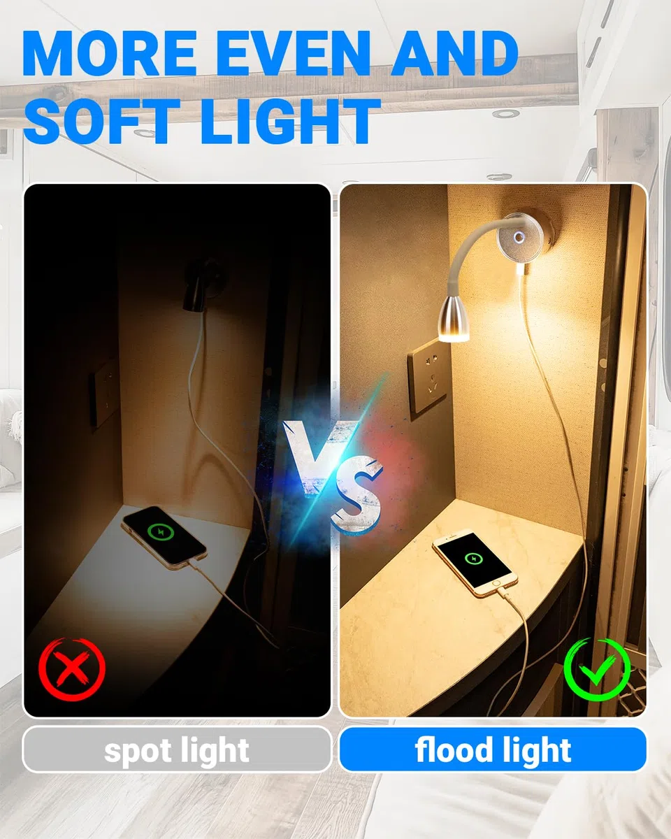 SUPAREE Lampe 12V LED Caravane Lampe 12V Camping-car avec USB Éclairage 12V LED Camping Car Col de Cygne avec Prise USB C Interrupteur Tactile 3000K Acrylique 2Pcs