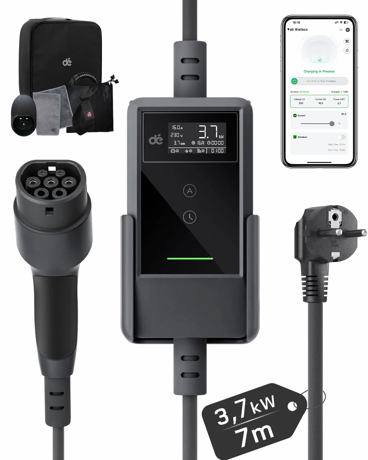 dé Chargeur Voiture Electrique APP 3,7kW [7m, 6/8/10/13/16A] Cable Recharge Voiture Electrique Type 2 avec Support Mural, Numérique LCD, Compatible avec E-208, Model Y, E-Tech, 500e et Autres EV/PHEV