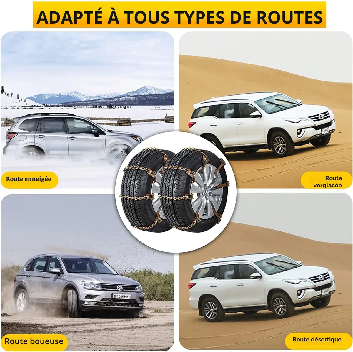 Chaînes à neige 8pcs Chaînes réglables antidérapantes avec pelle à neige en plastique et gants Facile à installer Chaîne à neige de pneu durable pour voiture, camion, SUV Roadway Snow Roads