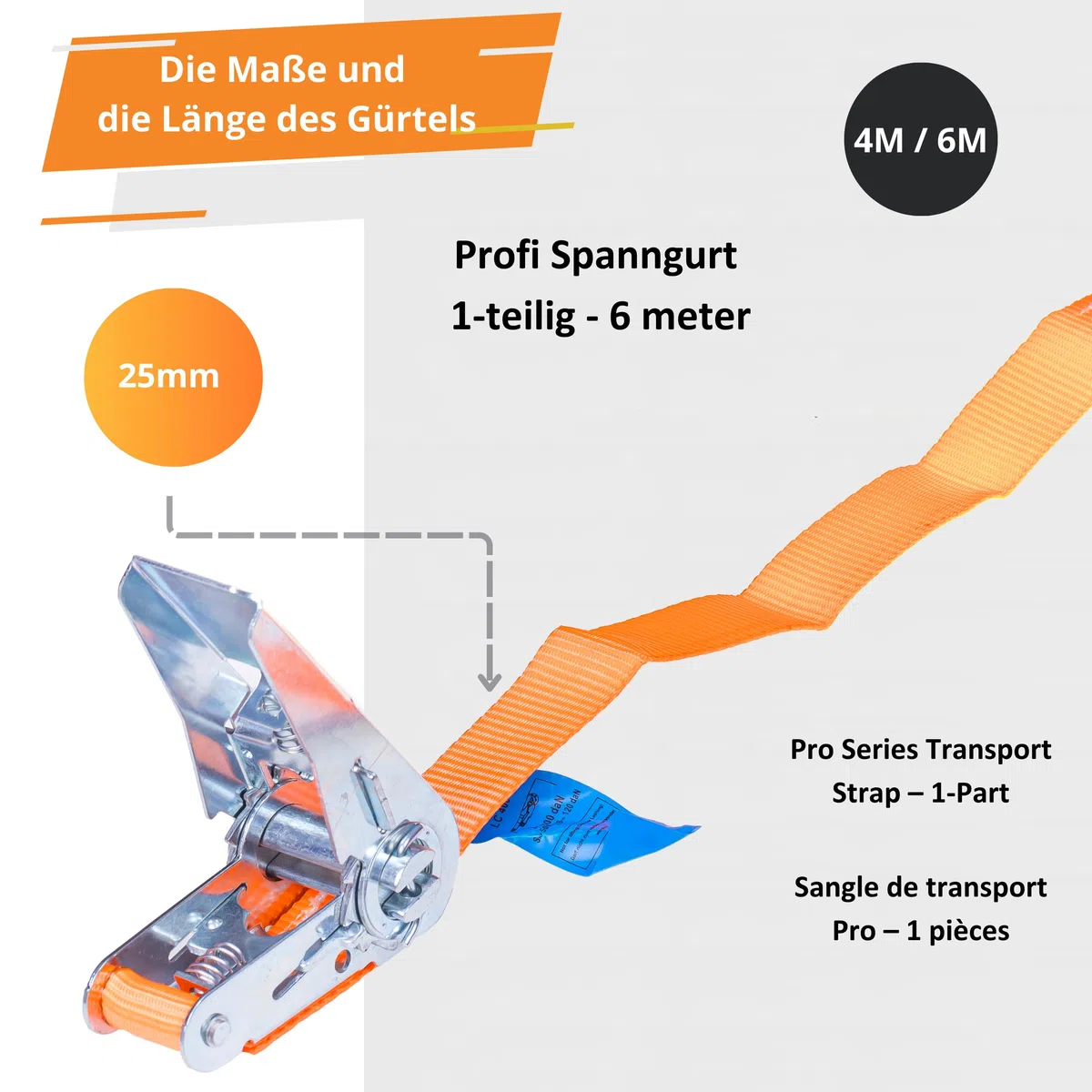 INTAKO Lot de 4 Sangles à Cliquet (4m ou 6m) - 25mm 800kg - Sangles d’Arrimage Moto, Remorque, Quad, Bagages - Certifiées TÜV GS, DIN en 12195-2 (Orange, 4m (Lot de 4))