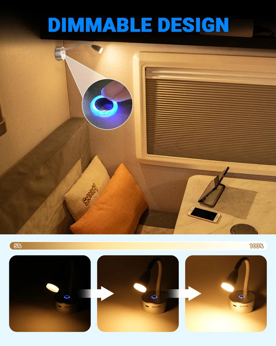 SUPAREE Lampe 12V LED Caravane Lampe 12V Camping-car avec USB Éclairage 12V LED Camping Car Col de Cygne avec Prise USB C Interrupteur Tactile 3000K Acrylique 2Pcs