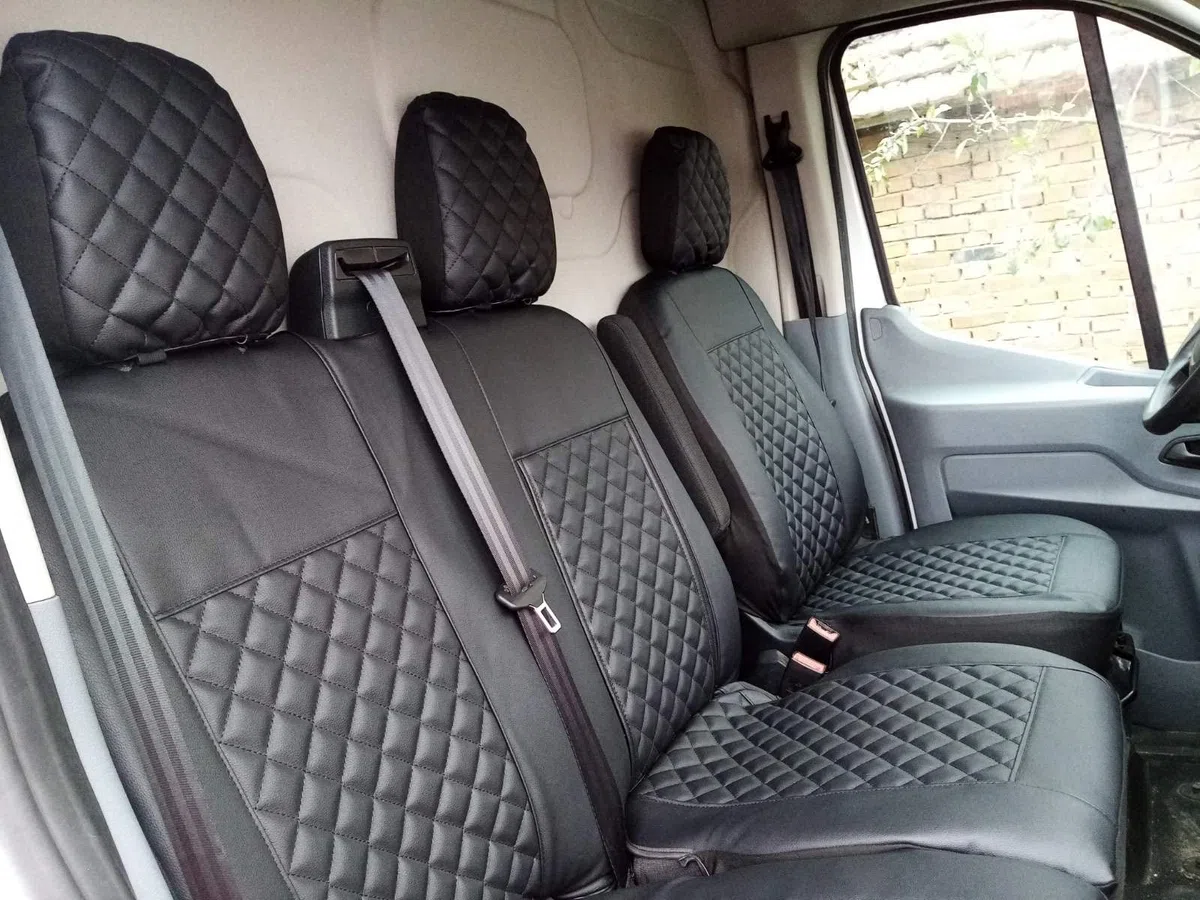 Housses de siège avant 2+1 adaptées pour FORD TRANSIT CUSTOM après 2015 petite cabine en cuir écologique noir pour conduite à gauche