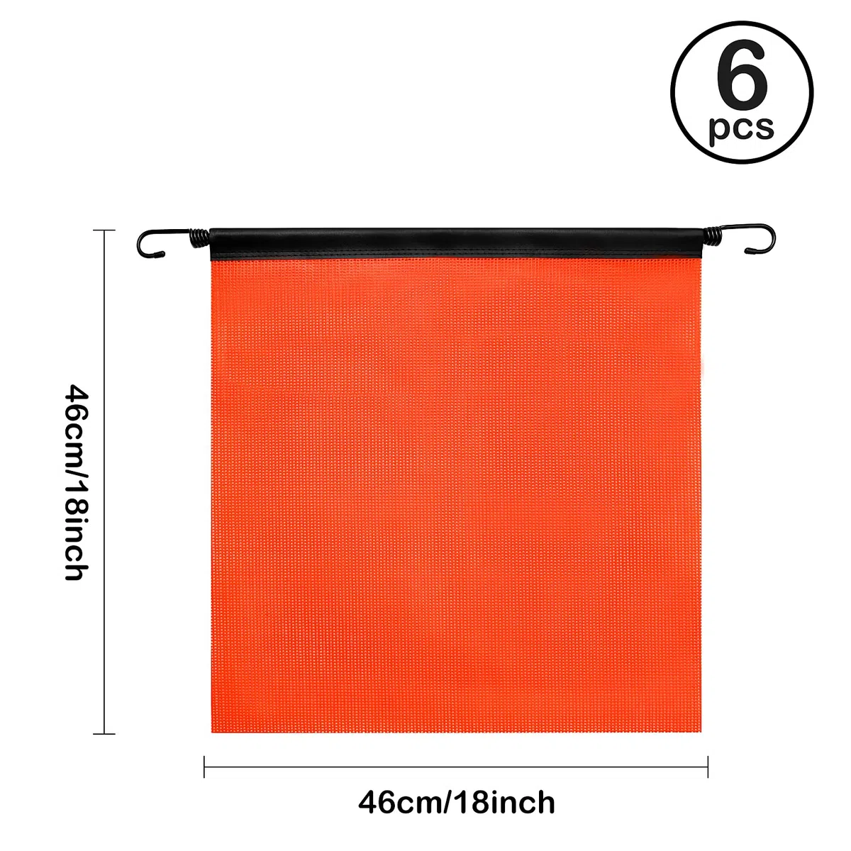 Lot de 6 drapeaux d'avertissement en maille orange vif, 45,7 x 45,7 cm, très résistants, surdimensionnés avec passepoil en vinyle, cordon élastique et crochet EZ pour remorque et voitures pilotes