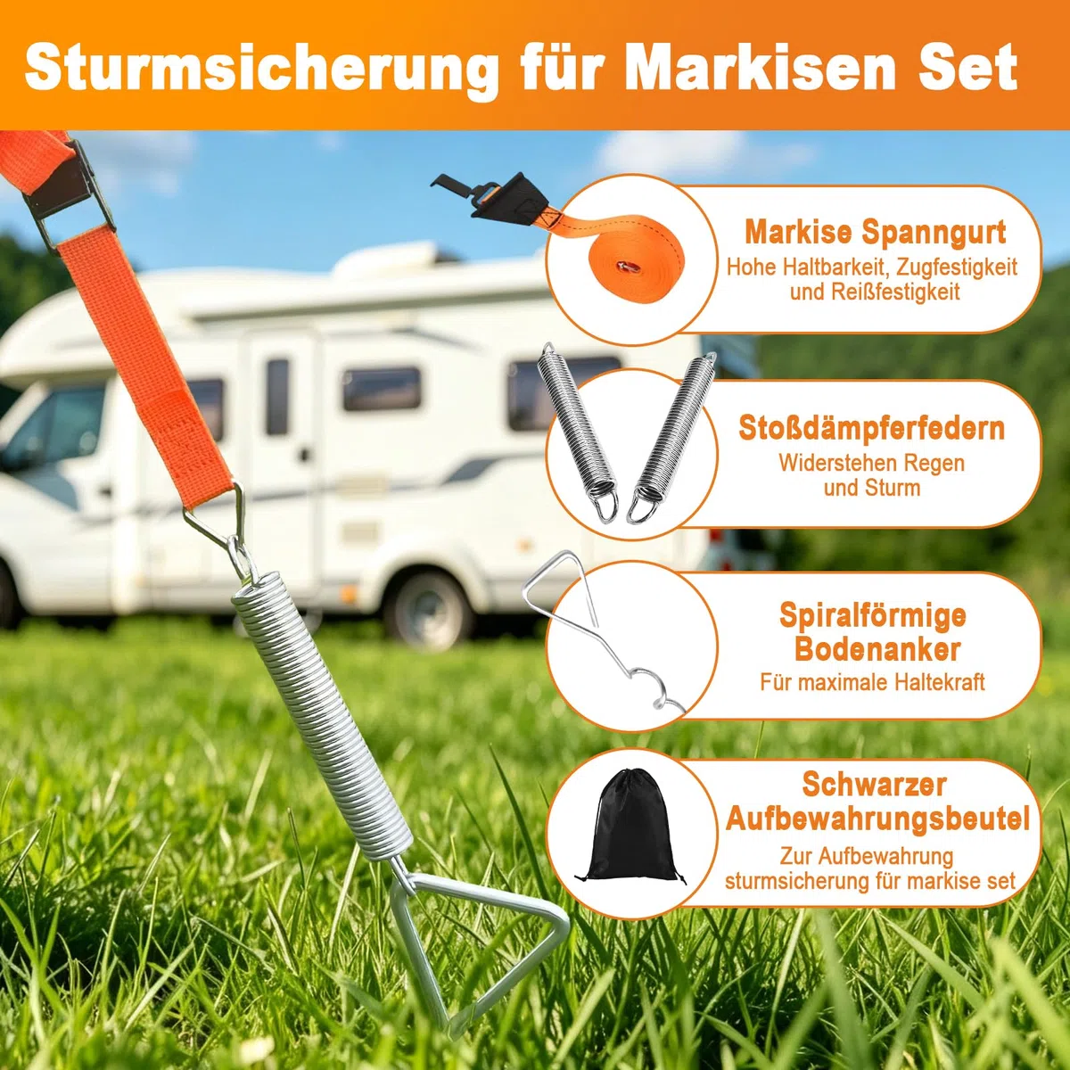 Sangle Anti-Tempête pour Auvents de Camping-Car avec 2 Piquets à Vis, 2 Ressorts et 2 Sangles - Compatible Thule & Fiamma - Accessoire pour Tente, et Accessoires de Camping Car