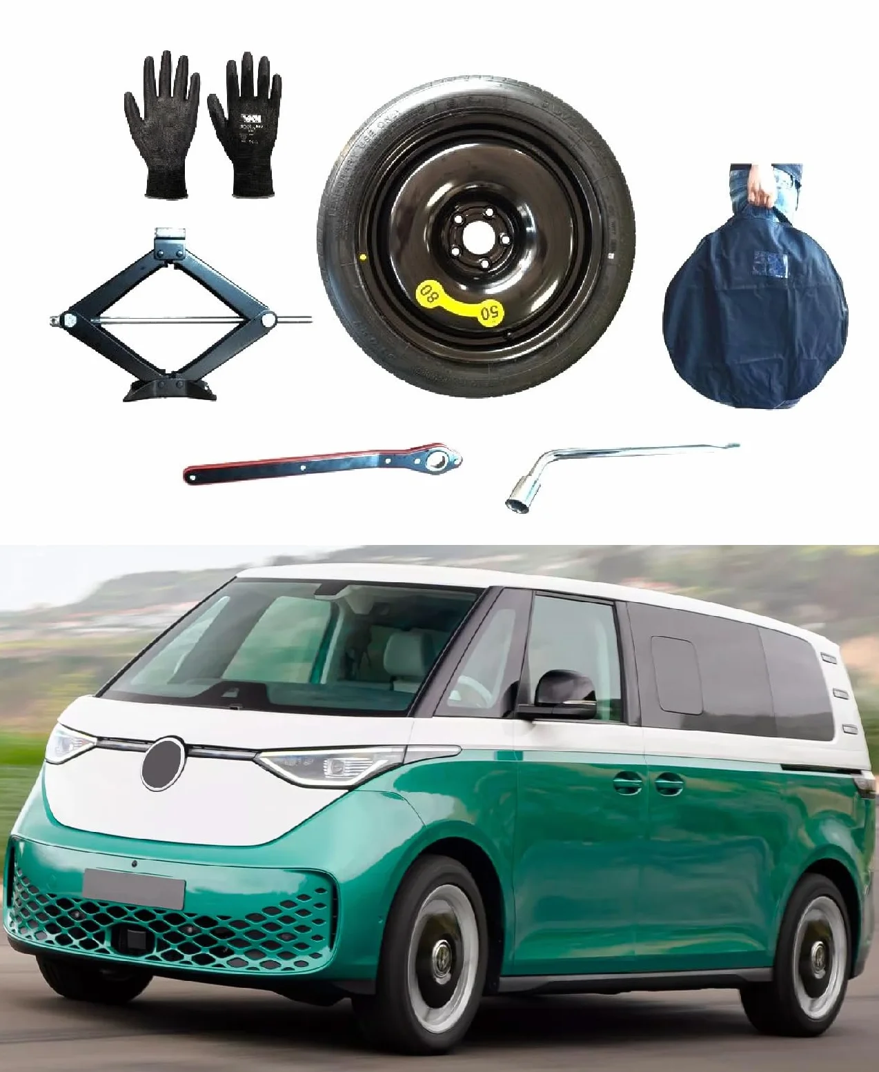 Kit de roue d'escorte 19" compatible avec Volkswagen ID Buzz avec Cric, Clé, Gants et Sac