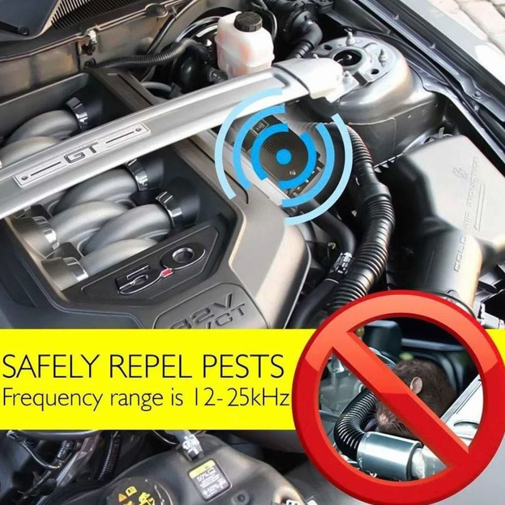 Grunda Répulsif Ultrason pour Voiture - Fréquence à ultrasons 12 kHz - 25 kHz - Connexion à une batterie de voiture 12 V - Protection contre les martres - Répulsif animaux - Avec 3 LED flash