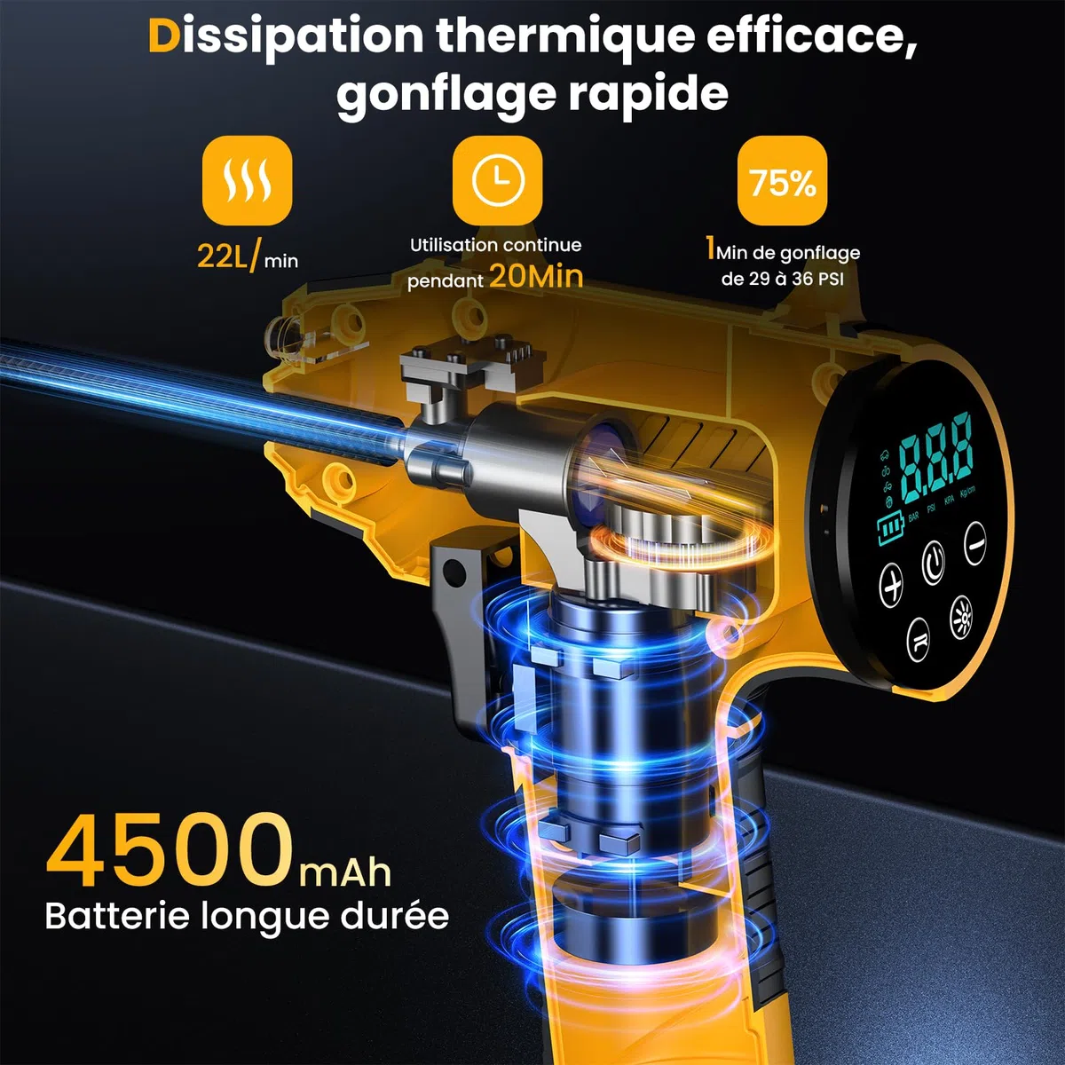 Gonfleur Pneus Voiture Sans Fil – 150PSI 22L/Min Compresseur d‘Air Portatif, Batterie Rechargeable avec Arrêt Auto, Écran LED & 4 Modes:Voiture/Vélo/Moto/Ballon