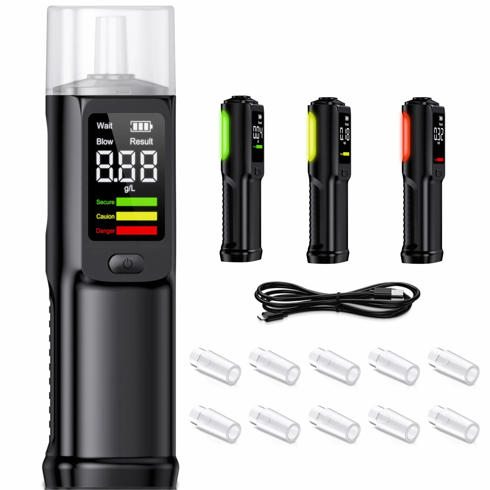 Ethylotest Electronique Homologué Alcootest Ethylometre : Professionnel Etiloteste Rechargeable Éthylomètre Haute Précision avec Affichage Numérique LCD - Portable Testeur d'alcool 10 Embouchures Noir
