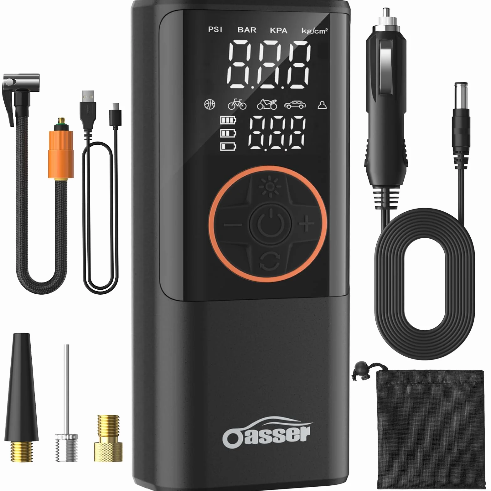 Oasser Gonfleur Pneus Voiture sans Fil 6000mAh Mini Compresseur à Air Portatif 150 PSI (10,3 Bar) Inflation Rapide Cylindre 19 mm Affiche 2 Valeur avec 3M Allume-Cigare 12V et Sac de Rangement