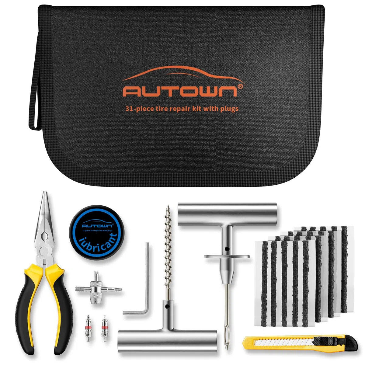AUTOWN Kit de réparation de Pneu Plat avec Bouchons 31 pièces pour Voiture, Moto, ATV, Jeep, Camion, Tracteur Réparation de crevaison de Pneu Plat