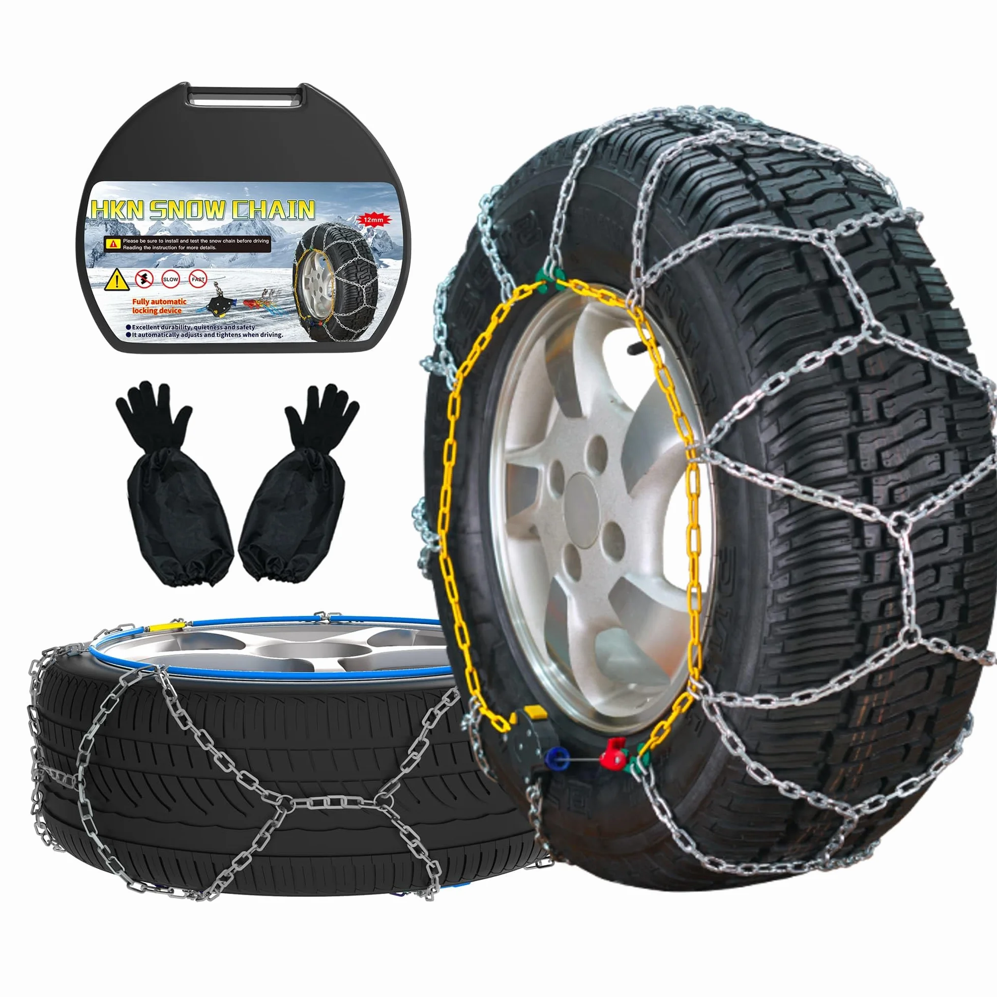 Chaînes Neige Automatiques, 2 Pièces x 12mm, Montage Rapide en 1 Minute des Chaînes Neige Avec Tendeur Automatique,Chaîne de Traction Universelle de Secours Pour Voitures, Pickups et SUV (HKN 170)