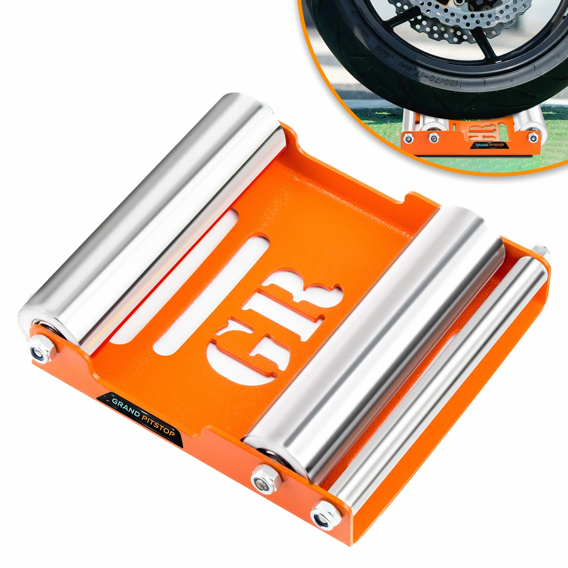 GrandPitstop Support de Nettoyage de Roues de Moto – Support de Remplacement – Support de Roue pour Nettoyage des pneus et Lubrification de la chaîne – GRoller (M (vélos < 220 kg et Largeur des pneus