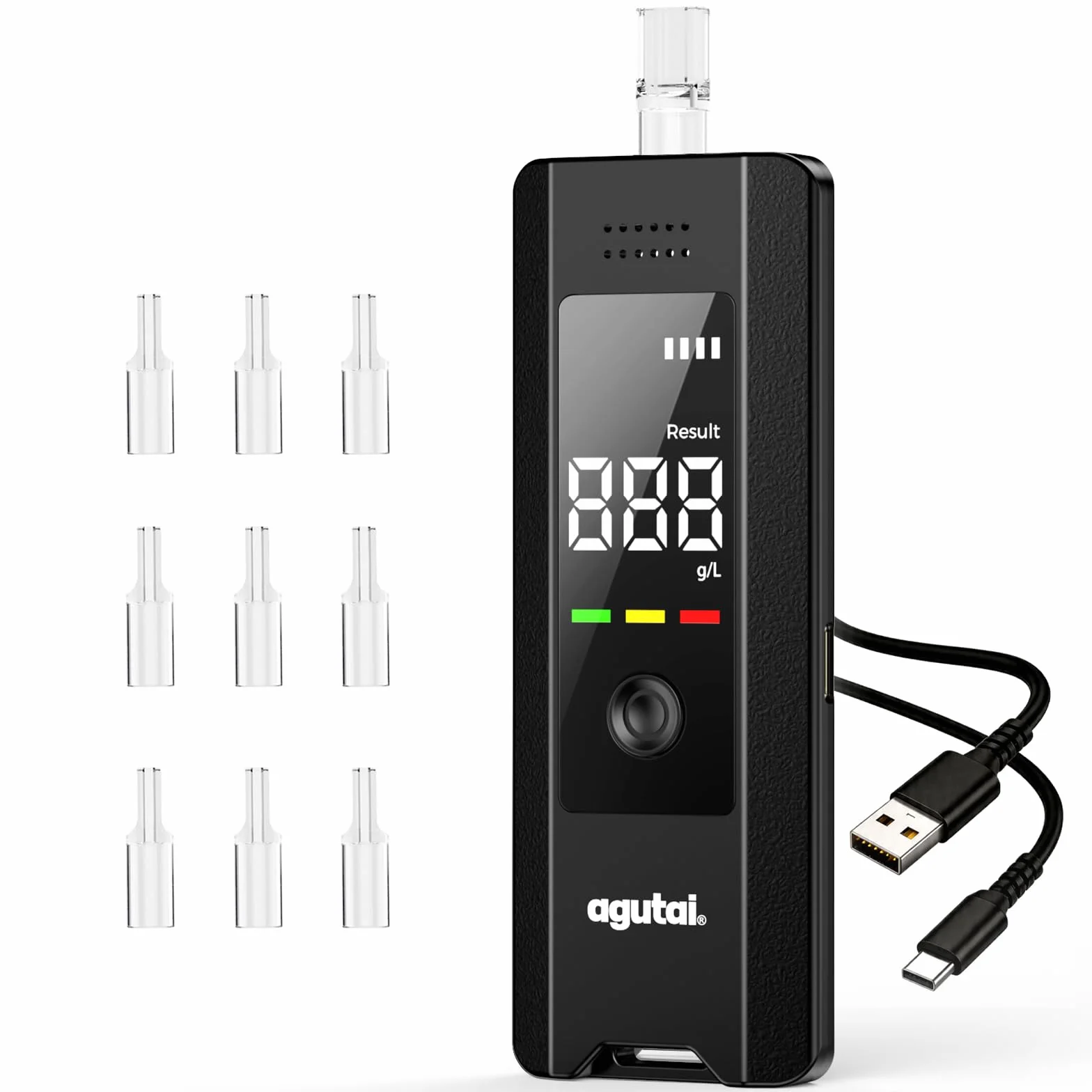 Ethylotest Electronique Homologué Alcootest Professionnel : Éthylomètre Haute Précision de Qualité avec Affichage Numérique LCD -Éthylotest Portable Testeur d'alcool USB C Rechargeable avec 10 embouts